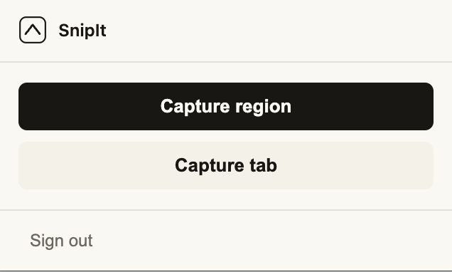 The AgentDrive SnipIt Chrome extension popup, with Capture region and Capture tab buttons
